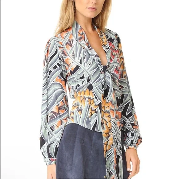 REVOLVE MARA HOFFMAN Black Green Red Tropical Print Tie Neck Deep V Blouse Top - Picture 13 of 15